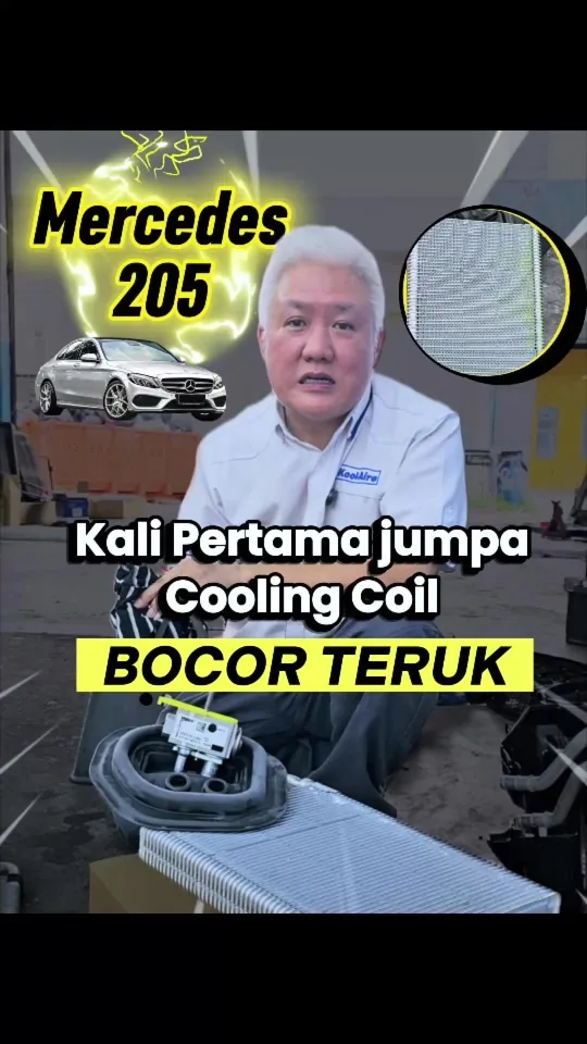 Severe cooling-coil leakage, green residue and missing fasteners on a Mercedes-Benz W205