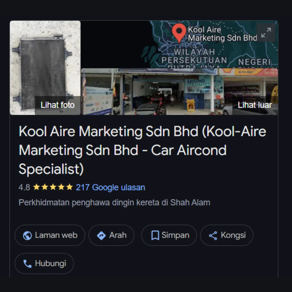 Google Business profile for Kool Aire Marketing Sdn Bhd